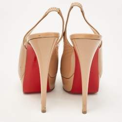 Christian Louboutin Beige Patent Leather Lady Peep Toe Slingback Pumps Size 38.5