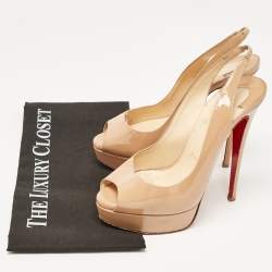Christian Louboutin Beige Patent Leather Lady Peep Toe Slingback Pumps Size 38.5