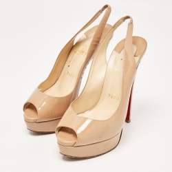 Christian Louboutin Beige Patent Leather Lady Peep Toe Slingback Pumps Size 38.5
