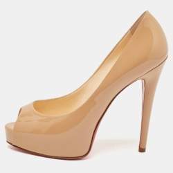 Christian Louboutin Beige Patent Leather Vendome Peep Toe Pumps Size 37