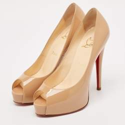 Christian Louboutin Beige Patent Leather Vendome Peep Toe Pumps Size 37