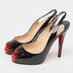Christian Louboutin Black Patent Leather Private Number Slingback Sandals Size 35