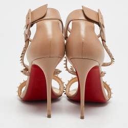 Pre Owned Christian Louboutin Beige Leather Choka Spikes Ankle Strap Sandals Size 39