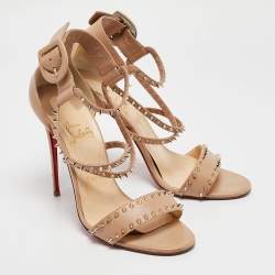 Pre Owned Christian Louboutin Beige Leather Choka Spikes Ankle Strap Sandals Size 39