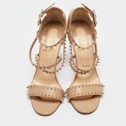 Pre Owned Christian Louboutin Beige Leather Choka Spikes Ankle Strap Sandals Size 39