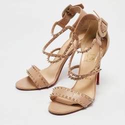 Pre Owned Christian Louboutin Beige Leather Choka Spikes Ankle Strap Sandals Size 39