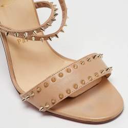 Pre Owned Christian Louboutin Beige Leather Choka Spikes Ankle Strap Sandals Size 39
