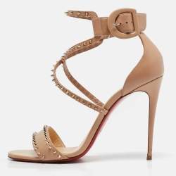 Pre Owned Christian Louboutin Beige Leather Choka Spikes Ankle Strap Sandals Size 39