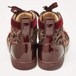 Christian Louboutin Burgundy Patent Leather and Velvet Louis High Top Sneakers Size 37.5