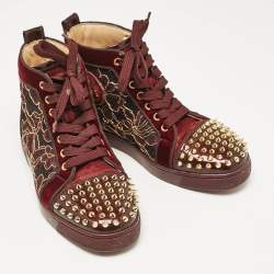 Christian Louboutin Burgundy Patent Leather and Velvet Louis High Top Sneakers Size 37.5