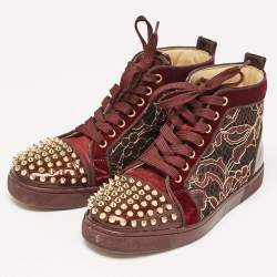Christian Louboutin Burgundy Patent Leather and Velvet Louis High Top Sneakers Size 37.5