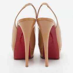 Christian Louboutin Beige Patent Leather Lady Peep Slingback Pumps Size 36.5