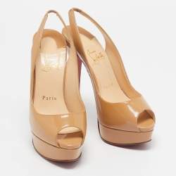 Christian Louboutin Beige Patent Leather Lady Peep Slingback Pumps Size 36.5