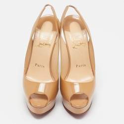 Christian Louboutin Beige Patent Leather Lady Peep Slingback Pumps Size 36.5