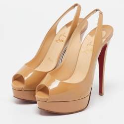 Christian Louboutin Beige Patent Leather Lady Peep Slingback Pumps Size 36.5