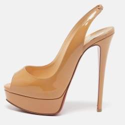 Christian Louboutin Beige Patent Leather Lady Peep Slingback Pumps Size 36.5