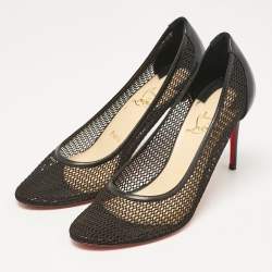 Pre Owned Christian Louboutin Black Fishnet and Leather Filomena Pumps Size 37.5