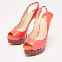 Pre Owned Christian Louboutin Pink Patent Leather Lady Peep Toe Slingback Platform Pumps Size 38.5