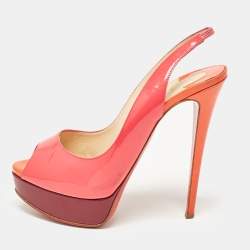 Pre Owned Christian Louboutin Pink Patent Leather Lady Peep Toe Slingback Platform Pumps Size 38.5
