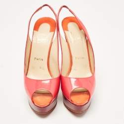 Pre Owned Christian Louboutin Pink Patent Leather Lady Peep Toe Slingback Platform Pumps Size 38.5