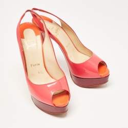 Pre Owned Christian Louboutin Pink Patent Leather Lady Peep Toe Slingback Platform Pumps Size 38.5