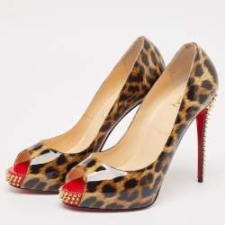 Pre Owned حذاء كعب عالي كريستيان لوبوتان نيو فيري بريف سبايكس جلد لامع نقشة الفهد مطبوع بني/أسود مقاس 40.5