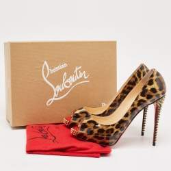 Pre Owned حذاء كعب عالي كريستيان لوبوتان نيو فيري بريف سبايكس جلد لامع نقشة الفهد مطبوع بني/أسود مقاس 40.5