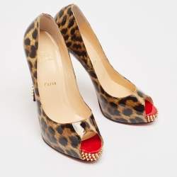 Pre Owned حذاء كعب عالي كريستيان لوبوتان نيو فيري بريف سبايكس جلد لامع نقشة الفهد مطبوع بني/أسود مقاس 40.5