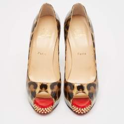 Pre Owned حذاء كعب عالي كريستيان لوبوتان نيو فيري بريف سبايكس جلد لامع نقشة الفهد مطبوع بني/أسود مقاس 40.5