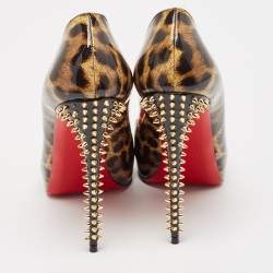 Pre Owned حذاء كعب عالي كريستيان لوبوتان نيو فيري بريف سبايكس جلد لامع نقشة الفهد مطبوع بني/أسود مقاس 40.5