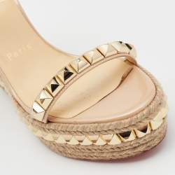 Pre Owned Christian Louboutin Beige Patent Leather Pyraclou Wedge Sandals Size 37