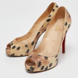 Christian Louboutin Beige/Black Snakeskin Leather Prive Platform Pumps Size 38.5
