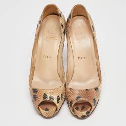 Christian Louboutin Beige/Black Snakeskin Leather Prive Platform Pumps Size 38.5