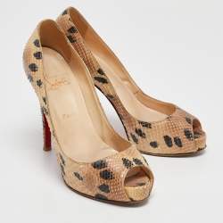Christian Louboutin Beige/Black Snakeskin Leather Prive Platform Pumps Size 38.5