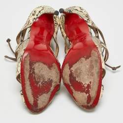 Pre Owned Christian Louboutin Brown/Beige Python Leather Ankle Strap Sandals Size 38.5