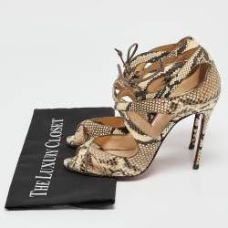 Pre Owned Christian Louboutin Brown/Beige Python Leather Ankle Strap Sandals Size 38.5
