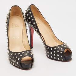Pre Owned Christian Louboutin Black Leather Very Prive Spikes Pumps Size 38