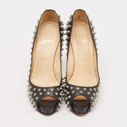 Pre Owned Christian Louboutin Black Leather Very Prive Spikes Pumps Size 38