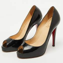 Christian Louboutin Black Patent Leather Very Prive Peep Toe Platform Pumps Size 37