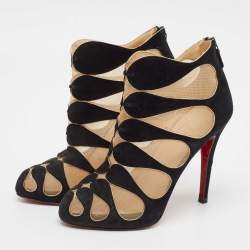 Christian Louboutin Black/Beige Suede And Mesh Circus Cutout Ankle Boots Size 38.5