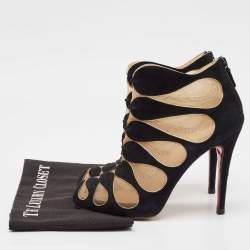 Christian Louboutin Black/Beige Suede And Mesh Circus Cutout Ankle Boots Size 38.5