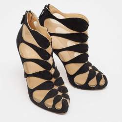 Christian Louboutin Black/Beige Suede And Mesh Circus Cutout Ankle Boots Size 38.5