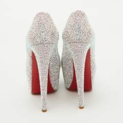 Pre Owned Christian Louboutin Silver/Pink Suede Crystal Embellished Daffodile Platform Pumps Size 37