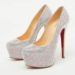 Pre Owned Christian Louboutin Silver/Pink Suede Crystal Embellished Daffodile Platform Pumps Size 37