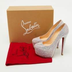 Pre Owned Christian Louboutin Silver/Pink Suede Crystal Embellished Daffodile Platform Pumps Size 37