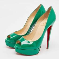 Pre Owned Christian Louboutin Green Patent Leather Lady Peep Pumps Size 38