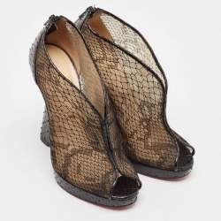 Christian Louboutin Black Mesh And Python Leather Janet Wedge Booties Size 39