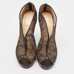 Christian Louboutin Black Mesh And Python Leather Janet Wedge Booties Size 39
