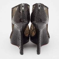 Christian Louboutin Black Mesh And Python Leather Janet Wedge Booties Size 39
