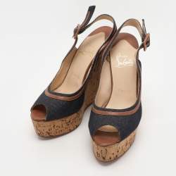 Christian Louboutin Dark Blue Fabric and Leather Une Plume Sandals Size 36